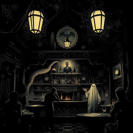 eerie bar, dimly lit, shadows, gothic noir, Edward Gorey, suspenseful atmosphere, chiaroscuro lighting, vintage ambiance, haunted tavern, ominous undertones, dark fantasy, unsettling mood, mystery, cobweb textures, ghostly presence, dramatic angles, retro horror, monochrome palette, foreboding aura, timeless space, enigmatic symbols, spectral patrons, midnight hour, detail-rich illustration