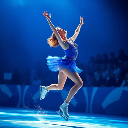olympic figure skating contestant, graceful motion, dazzling performance, dressed in blue contest suit, luminous blue background, ethereal lighting, dynamic composition, vibrant colors, fluid textures, elegance, emotional expression, spectators in awe, modern artistry, sportsmanship, cultural celebration, flowing lines, shimmer and sparkle, frozen moment in time, athletic poise, captivating presence, artistic interpretation, contemporary style, light and shadow interaction, dreamlike atmosphere, vivid imagination