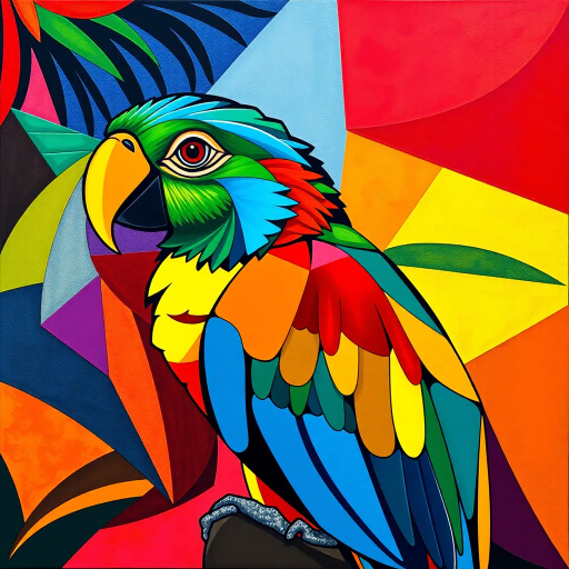 parrot, vibrant colors, geometric shapes, cubism, Pablo Picasso, angular lines, abstract composition, vivid feathers, tropical setting, bold outlines, artistic freedom, intricate patterns, visual rhythm, modern art, dynamic forms, fragmented light, playful mood, expressive contours, creative geometry, multidimensional perspective
