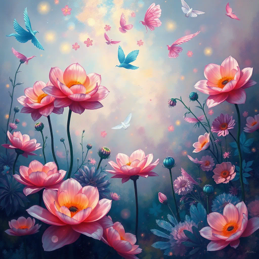 vibrant florals, surreal blooms, ethereal garden, Claude Monet influence, dreamlike atmosphere, luminous petals, soft pastels, Art Nouveau elements, mystical springtime, enchanted landscape, luminous glow, delicate brushstrokes, layered textures, intricate details, mythical fauna, whimsical elegance, organic forms, serene nature, iridescent highlights, immersive scenery, fantastical imagery, rich color palette, flowing composition, magical realism, otherworldly charm, enchanting environment, fairy tale motifs, timeless elegance, imaginative flora
