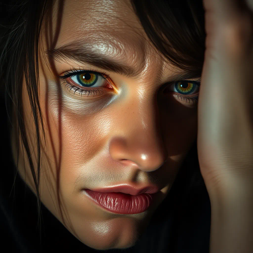 hyper-realism, intricate details, soft lighting, photorealistic textures, emotive expression, dynamic composition, vivid colors, high contrast, chiaroscuro technique, modern aesthetic, surreal influence, cinematic framing, clear focus, atmospheric mood, digital painting, contemporary realism, expressive brushwork, realistic portrayal, enhanced detail, artistic refinement