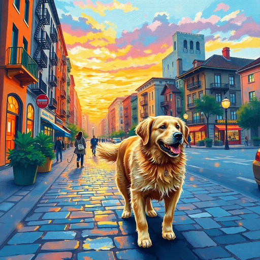 canine companion, leisurely stroll, vibrant cityscape, pastel colors, dynamic perspective, impressionism, luminous lighting, contemporary urban setting, joyful expression, kinetic energy, whimsical atmosphere, street art influence, vibrant hues, playful movement, textured strokes, bold contrast, delightful exploration, harmonious composition, edward hopper inspiration, serene skyline, vivid textures, golden retriever, cobblestone path, claude monet influences, ethereal lighting, rich textures, dynamic movement, pastoral scenery, impressionist brushstrokes, warm sunset glow, emotional serenity, playful elegance, lush greenery, narrative composition, naturalistic detail, charming village, timeless elegance, vivid storytelling