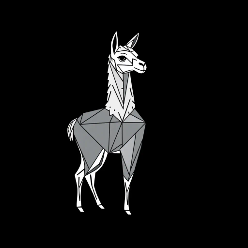 llama, geometric, minimalist, angular shapes, intricate line work, monochromatic palette, precision, abstract representation, modernist influence, symmetry, contrast, negative space, simplicity in complexity, contemporary art, cubist echoes, clean lines, subtle shading, dimensional illusion, balance, rhythm, perspective, pattern, design
