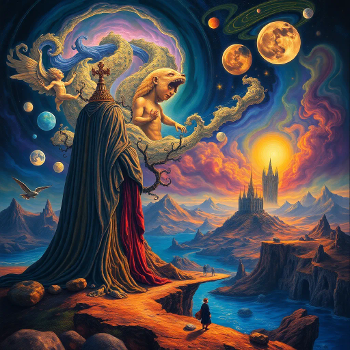 surreal landscapes, Salvador Dali, ethereal realms, Renaissance inspiration, Baroque lighting, mystical aura, intricate details, fantastical creatures, vibrant palette, dreamlike scenes, cosmic perspective, flowing movement, mythological themes, ornate patterns, imaginative symbolism, timeless narratives, emotive expressions, dynamic compositions