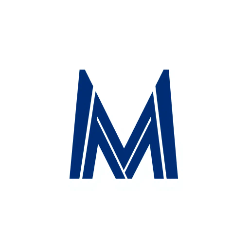 bold letter M, logo design, parallel strokes, subtly tapering, upward hierarchy, structure, solid indigo blue, clean geometric vector, white background, minimalist style, modernist design, Bauhaus influence, negative space, precision, symmetry, sleek lines, contemporary aesthetics, iconic branding, dynamic movement, visual balance, artistic clarity, abstraction, graphic design principles