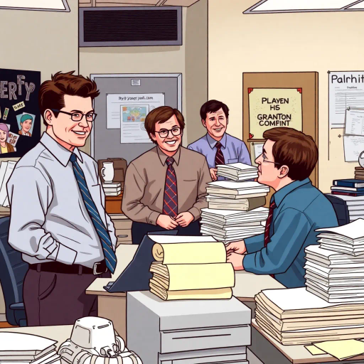 satirical, workplace comedy, 2000s television, vibrant characters, humorous interactions, Michael Scott, Jim Halpert, Dwight Schrute, sardonic wit, office dynamics, banter, mundane setting, Scranton, paper company, unconventional storytelling, ensemble cast, mockumentary style, Steve Carell, quirky relationships, deadpan humor, varied personalities, narrative arcs, expressive body language, exaggerated emotions, bright lighting, cheerful ambiance, subtle social commentary, scenographic composition