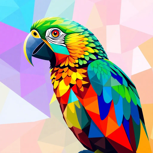 parrot, geometric shapes, vibrant colors, intricate patterns, Pablo Picasso influence, cubism, modern art, detailed feathers, kaleidoscope effect, mosaic texture, harmonious composition, dynamic movement, abstract representation, bold and vivid, interplay of shapes, fragmented forms, surreal imagination, expressive curves, playful symmetry, tropical essence
