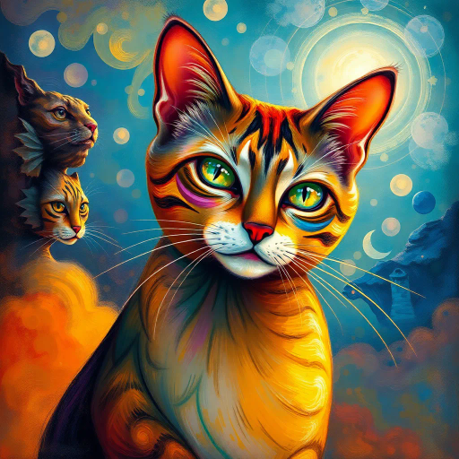 whimsical feline, surrealism, Salvador Dalí, ethereal glow, vibrant spectrum, mystical ambiance, fluid lines, abstract expressionism, dream-like landscape, observers perspective, enigmatic smile, fantasy realism, Claude Monet influence, divine elegance, intricate patterns, soft brushstrokes, artistic allure, ethereal sky, celestial elements, metaphysical journey, depth and shadow, layered textures, transcendental experience, visual poetry, harmonious balance, artistic whimsy