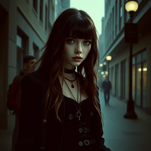 college goth girl, gothic fashion, 21st century, chiaroscuro, dramatic lighting, Edward Gorey, symbolism, emotional depth, layered textures, dark palette, neo-gothic, expressive eyes, mystery, melancholic mood, intricate details, punk influences, rebellious spirit, modern campus, urban setting, alternative culture, Victorian-inspired, moody atmosphere, storytelling elements, dynamic composition, surreal elements, digital painting techniques, conceptual art, individuality, youthful rebellion, cultural commentary, contrast
