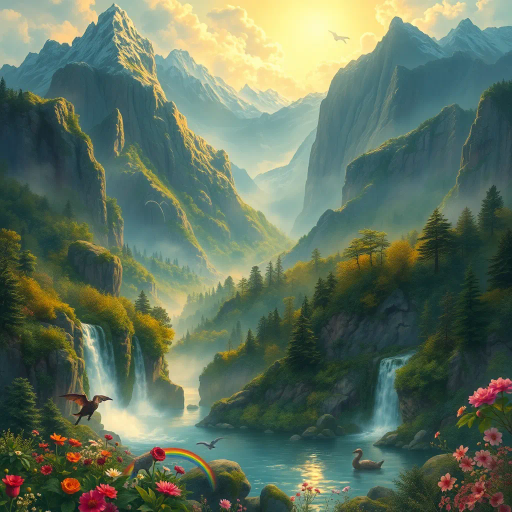 Majestic mountains, ethereal glow, lush forests, cascading waterfalls, mysterious caves, vibrant flowers, enchanted atmosphere, Jules Verne influence, surreal vistas, soft pastel hues, golden sunlight, mythical creatures, whimsical wildlife, intricate textures, Arthur Rackham inspiration, expressive brushstrokes, panoramic view, storytelling expression, shimmering lakes, magical twilight