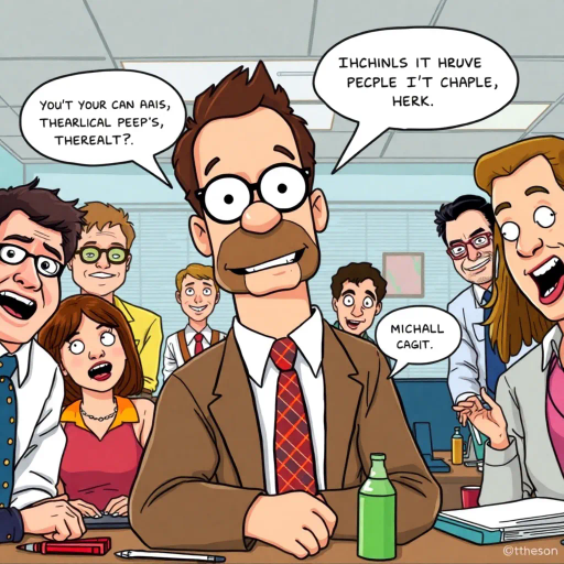satirical humor, everyday life, workplace dynamics, vibrant colors, exaggerated expressions, quirky characters, Michael Scott, camera angles, documentary style, playful tone, American culture, ensemble cast, office environment, comedic timing, mockumentary feel, panel layout, speech bubbles, visual storytelling, relatable scenarios, improvisational flair, modern setting, emotional undertones, character development, symbolic objects