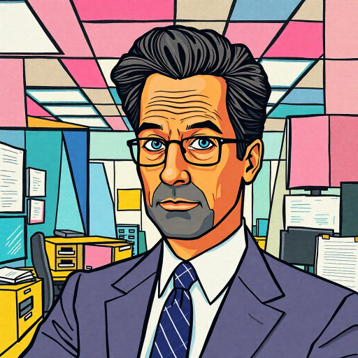 Michael Scott, geometric, cubist influence, abstract expressionism, vibrant color palette, office space, surreal composition, modern corporate satire, intricate line patterns, fragmented forms, Dunder Mifflin, pop art, humor, whimsical tone, mixed media, overlapping shapes, exaggerated proportions, dynamic angles, bold contours, cultural commentary, contemporary setting, pastel highlights, texture variation, visual rhythm, abstract storytelling, conceptual depth, dimensional interplay