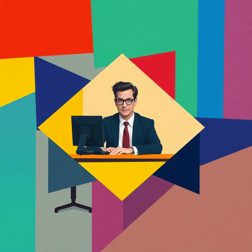 geometric abstraction, abstract forms, vibrant colors, cubic shapes, dynamic composition, modernist influences, office setting, humorous essence, Michael Scott, sharp lines, bold contrasts, corporate environment, satirical twist, abstract expressionism, vivid hues, comic essence, Dwight Schrute influence, television character, contemporary energy, structural interplay, symbolic representation, pop culture reference