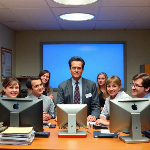 The Office, TV show, satirical humor, vibrant, Steve Carell, ensemble cast, mockumentary style, quirky, everyday life, work environment, subtle irony, character dynamics, Michael Scott, Dunder Mifflin, Scranton, Pennsylvania, documentary filming, 2000s television, comedic timing, deadpan expression, cultural phenomenon, paper company, witty banter, office antics, relatable humor, office supplies, Jim Halpert, Pam Beesly, Dwight Schrute, team dynamics, overhead fluorescent lighting, mundane yet charming, round camera angles, workplace relationships