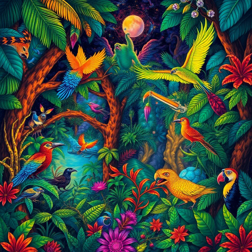 vibrant rainforest, carnival energy, tropical palette, intricate textures, Gustavo Rosa, surrealism, expressive forms, dynamic movement, colorful feathers, mystical beings, atmospheric perspective, lush foliage, samba rhythms, cultural tapestry, radiant lighting, whimsical creatures, vibrant celebrations, exotic wildlife, lively atmosphere, magical realism, imaginative scenery, rhythmic patterns, bold silhouettes