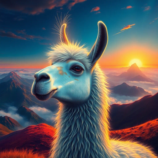 mystical llama, Salvador Dalí, surreal landscapes, vibrant colors, flowing textures, ethereal glow, fantastic realism, imaginative creativity, otherworldly ambiance, enchanted highlands, dreamlike scenery, mythical charm, dynamic composition, magical realism, cloaked in mist, detailed fur, luminous alpenglow, whimsical allure, gentle majesty, impressionistic, radiant horizon