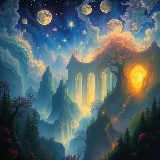 ethereal landscapes, dreamlike visions, vibrant colors, mythical creatures, enchanted forests, surreal atmosphere, otherworldly beauty, mystical symbols, fantastical elements, glowing light, hidden realms, whimsical forms, Arthur Rackham, Maxfield Parrish, fairytale aesthetics, magical realism, imaginative worlds, ancient myths, fairy tale lore, romantic mysticism, translucent textures, delicate details, luminous ambiance, enchanted twilight, mythical eternity, allegorical representation, sublime majesty, timeless magic