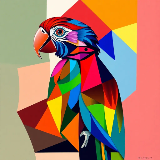 parrot, geometric shapes, vibrant colors, cubism, abstract forms, Pablo Picasso influence, intricate details, modern art, Neil Fujita inspiration, dynamic composition, vivid hues, symmetry and balance, colorful patterns, bold lines, artistic abstraction, energetic movement, contemporary style, creative expression, line quality, artistic intent, imaginative rendering, stylized interpretation