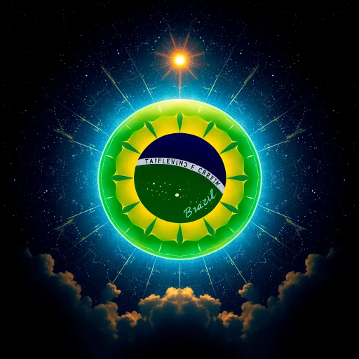 vivid colors, national symbol, Brazil, celestial sphere, infinite sky, tropical vibrancy, geometric symmetry, modernist influence, bold lines, emerald green, golden yellow, azure blue, luminescent glow, cultural pride, dynamic composition, contemporary elements, rhythmic energy, abstract representation, South American essence, harmonious balance, global unity, festive spirit, optical illusion, expansive space, contrasting tones