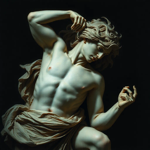 surreal figure, detailed portrait, essence of humanity, Michelangelo influence, chiaroscuro lighting, dynamic posture, layered textures, vivid color palette, emotional depth, Renaissance inspiration, imaginative realism, mythical aura, dramatic shadows, ethereal glow, harmonious composition, fluid movement, philosophical undertone, dreamlike atmosphere, timeless expression, metaphorical representation