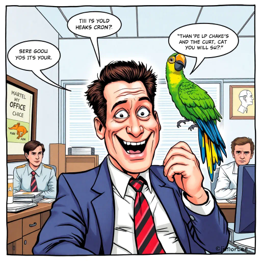 quirky office setting, Michael Scott, humorous expression, colorful parrot, vibrant colors, dynamic poses, emotionally expressive, caricature elements, playful line art, pop culture references, Jim Lee influences, satirical composition, mid-2000s office attire, lighthearted mood, speech bubbles, interaction between characters, exaggerated features, workplace comedy essence, narrative humor, iconic moments