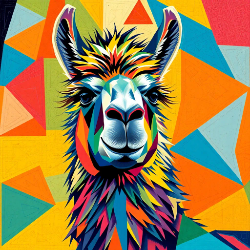 llama, geometric patterns, David Hockney, cubism, vibrant colors, contemporary, dynamic composition, abstract forms, angular shapes, playful, intricate details, bold lines, surrealism influence, textured brushwork, creative harmony, graphic design elements, modern interpretation, vivid contrast, immersive experience, structural elegance, unique perspective