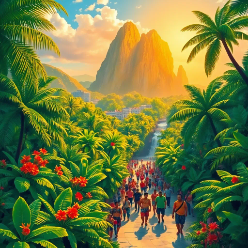 tropical paradise, vibrant rainforest, Rio Carnival, Brazilian culture, Jorge Selarón, Carmen Miranda, exuberant colors, lush vegetation, dynamic samba dancers, vivid patterns, Amazon River, exotic wildlife, modern architecture, indigenous art, celebratory mood, Afro-Brazilian heritage, vibrant street scenes, bold compositions, fluid movement, warmth and energy, sunlit landscapes, urban diversity, festive atmosphere, contemporary influences, chromatic brilliance