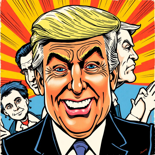 satirical caricature, exaggerated features, political symbolism, vibrant colors, pen-and-ink textures, Roy Lichtenstein influence, pop art era, humor-driven narrative, dynamic composition, bold outlines, American cultural elements, emotionally charged expressions, satirical tone, mid-20th century reference, iconic imagery, energetic line work, visual wit, comic strip aesthetics, subversive commentary, metaphorical elements