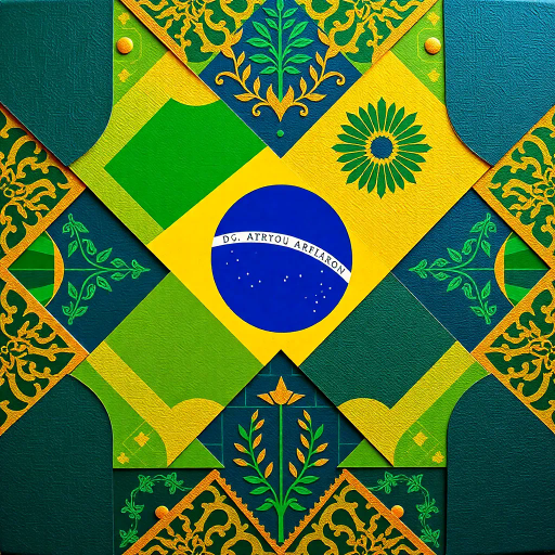 vibrant colors, geometric shapes, cultural symbolism, rich textures, tropical influence, modern interpretation, national pride, intricate patterns, dynamic composition, bright green, vivid gold, deep blue, movement, contemporary style, Brazilian culture, Jorge Amado, playful textures, dimensional layering, abstract representation, optimism and unity