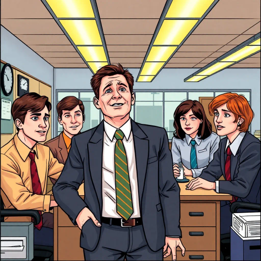 satirical humor, vibrant colors, ensemble cast, mockumentary style, quirky dynamics, workplace comedy, everyday life, subtle irony, dynamic character interactions, Dunder Mifflin office, Scranton, Pennsylvania, cultural phenomenon in 2000s, comedic timing, deadpan expression, witty banter, vibrant and mundane charm, Michael Scott's antics, Jim, Pam, Dwight, fluorescent lighting, humorous work environment, office supplies as props, Steve Carell influence, humorous narrative, panel composition, exaggerated expressions, relatable humor, stylized line work, comic strip format, humor through absurdity, iconic scenes, character focus, narrative pacing, playful wit