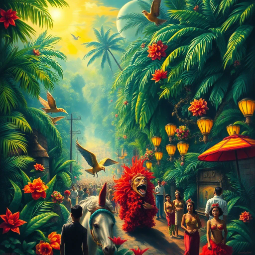 vibrant carnival, amazon jungle, lush greenery, rich cultural tapestry, Carmen Miranda, surrealism, tropical hues, dynamic movement, rhythmic energy, expressive colors, intricate patterns, lively street scenes, samba dancers, exotic wildlife, atmospheric perspective, detailed textures, magical realism, cultural diversity, spirited festivities, radiant sunlight, complex compositions, whimsical elements, bold palettes, mystical atmosphere, fantastical landscapes, tropical flora and fauna