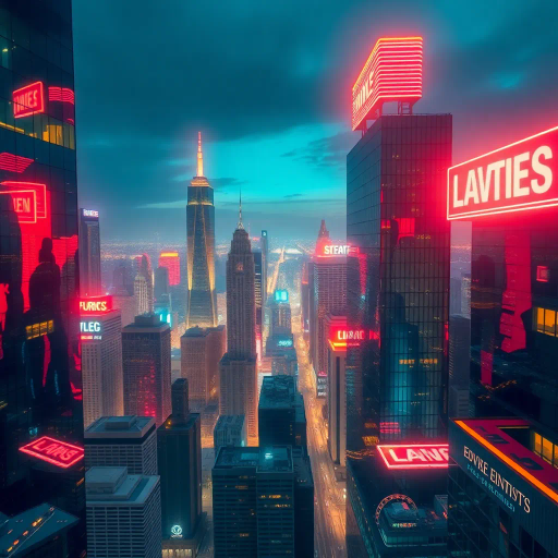 corporate leadership, power dynamics, futuristic cityscape, neon lights, high-rise architecture, luminous reflections, sharp contrasts, Edward Hopper, Giorgio de Chirico, modernism, sleek design, urban sophistication, high angle perspective, dynamic movement, strategic focus, metaphorical landscapes, evening glow, structural balance, business attire, visionary outlook, digital abstraction, vibrant palettes