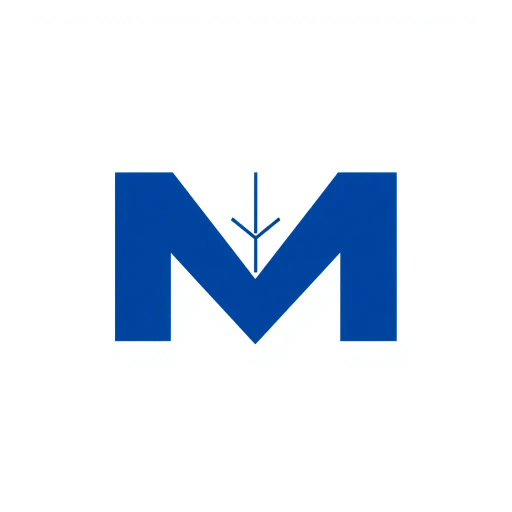 minimalist, bold, letter M, logo design, solid geometric shapes, V-shaped connectors, branching lines, hierarchy symbolism, indigo blue color palette, flat vector style, clean composition, modern SaaS branding, software aesthetics, white background, high-tech elegance, contemporary design, clarity, sleek presentation, geometric precision, corporate identity, monochromatic balance, visual hierarchy