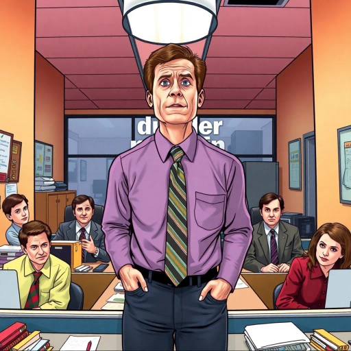 satirical humor, vibrant colors, Steve Carell, ensemble cast, mockumentary style, quirky scenarios, everyday life, work setting, subtle irony, dynamic character interactions, Michael Scott, Dunder Mifflin building, Scranton, Pennsylvania scenes, documentary filming techniques, 2000s television influence, comedic timing, deadpan expression, cultural phenomenon essence, paper company backdrop, witty banter, office antics, relatable humor, office supplies motifs, Jim Halpert, Pam Beesly, Dwight Schrute, team dynamics, comic-book shading, round camera angles, workplace relationships, overhead fluorescent lighting, mundane yet charming, exaggerated expressions, visual gags