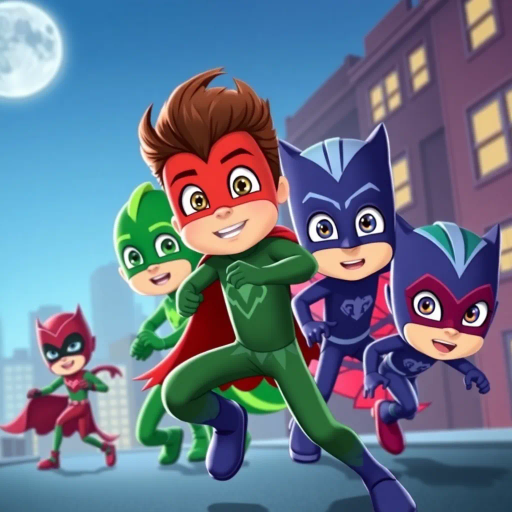 PJ Masks, superhero, animated characters, vibrant colors, action-packed, dynamic poses, energetic, exaggerated expressions, adventure, teamwork, mystery, young heroes, nighttime, comic book style, stylized animation, Akira Toriyama, Hayao Miyazaki, Studio Ghibli, bold outlines, cel shading, vibrant hues, whimsical storytelling, heroic journey, dramatic angles, playful mood, imaginative worlds, traditional animation techniques, youthful spirit, contemporary influences