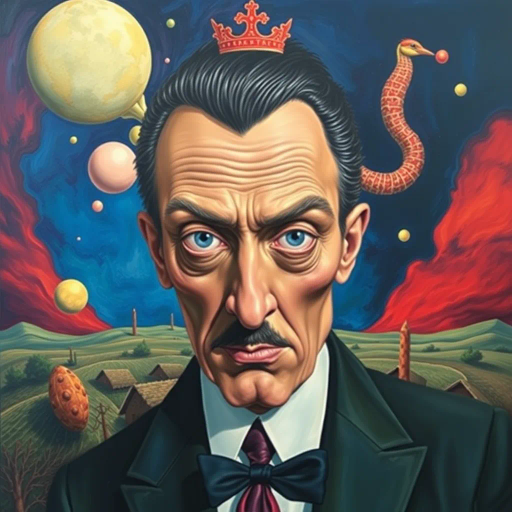 surreal depiction, political satire, exaggerated features, vibrant colors, hyper-realism, Salvador Dali influence, 21st century commentary, exaggerated proportions, dynamic lighting, whimsical texture, pop culture reference, modern renaissance, avant-garde expression, social critique, abstract symbolism, distorted reality, bold outlines, intense contrast, dramatic scale, juxtaposition of elements, iconic imagery, thought-provoking mood