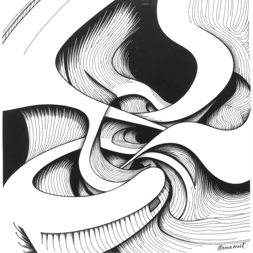geometric shapes, intricate patterns, flowing lines, minimalist design, abstract expression, monochrome palette, dynamic movement, M.C. Escher influence, precise detailing, linear perspective, visual harmony, spatial depth, surreal geometry, optical illusions, mathematical precision, avant-garde composition, Escherian landscapes, pen and ink medium, black and white contrast, intersecting lines, detailed tessellation, fluid dynamics, rhythmic patterns, visual paradox, complex symmetry, creative geometry, fine linework, subtle gradients, modern abstraction, infinite loops, artistic paradox, surreal complexity, Escheresque illusions, visual enigma, artistic contemplation, intricate symbology, conceptual artistry, rhythmic fluidity