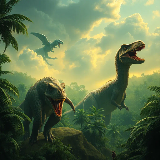 prehistoric creatures, majestic dinosaur, lush jungles, vivid emerald greens, dynamic poses, chiaroscuro lighting, mythical era, ethereal glow, intricate scales, surreal landscapes, movement and tension, timeless prehistoric panorama, Jules Verne influence, hyper-realistic textures, primordial ambiance, paleoart inspiration, vibrant life, dramatic skies, storytelling composition, atmospheric depth, earthy tones, grandeur and mysticism, visionary interpretation, Henri Rousseau, rich textures, epic scale, mythical earth scene, grandiose presentation, dreamlike imagery