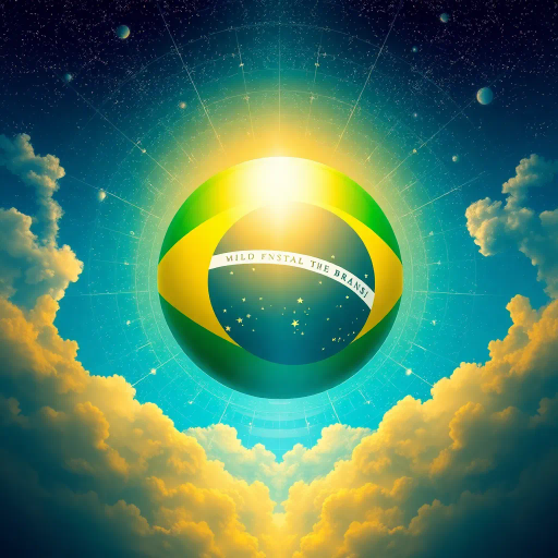 vivid colors, national symbol, Brazil, celestial sphere, infinite sky, tropical vibrancy, geometric symmetry, modernist influence, bold lines, emerald green, golden yellow, azure blue, luminescent glow, cultural pride, dynamic composition, contemporary elements, rhythmic energy, abstract representation, South American essence, harmonious balance, global unity, festive spirit, optical illusion, expansive space, contrasting tones