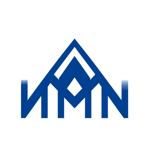 geometric M lettermark, bold parallel vertical strokes, angled V-shaped bridges, hierarchy symbolism, solid indigo blue, minimalism, flat vector design, white background, Bauhaus influence, modernist typography, precision, clarity, structural design, monochrome elegance, modular aesthetics, architectural inspiration, clean lines, minimalist logo design, balance and symmetry, contemporary graphic identity