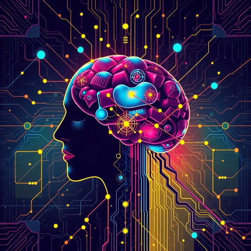 futuristic design, abstract patterns, vibrant colors, conceptual thinking, artificial intelligence, interconnected networks, neural pathways, geometric composition, bold lines, intricate details, dynamic flow, technological influence, modern aesthetics, high contrast, symbolic representation, visual metaphors, complexity and simplicity, digital age, technological synergy, visual impact