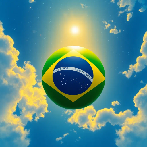 vivid colors, national symbol, Brazil, celestial sphere, infinite sky, tropical vibrancy, geometric symmetry, modernist influence, bold lines, emerald green, golden yellow, azure blue, luminescent glow, cultural pride, dynamic composition, contemporary elements, rhythmic energy, abstract representation, South American essence, harmonious balance, global unity, festive spirit, optical illusion, expansive space, contrasting tones