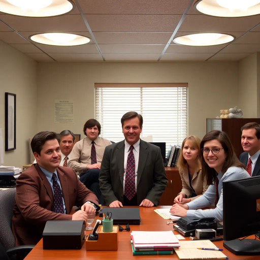 The Office, TV show, satirical humor, vibrant, Steve Carell, ensemble cast, mockumentary style, quirky, everyday life, work environment, subtle irony, character dynamics, Michael Scott, Dunder Mifflin, Scranton, Pennsylvania, documentary filming, 2000s television, comedic timing, deadpan expression, cultural phenomenon, paper company, witty banter, office antics, relatable humor, office supplies, Jim Halpert, Pam Beesly, Dwight Schrute, team dynamics, overhead fluorescent lighting, mundane yet charming, round camera angles, workplace relationships