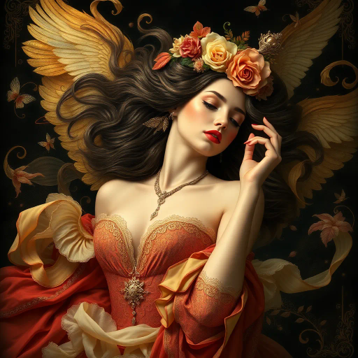 renaissance elegance, vibrant color palette, intricate detail, chiaroscuro lighting, dynamic composition, ethereal beauty, surreal emotion, timeless grace, Alphonse Mucha inspiration, fluid movement, cultural richness, enigmatic expression, classical influences, whimsical textures, mythic essence, golden hues, dreamlike atmosphere, ornate patterns, contemplative gaze, delicate balance, harmonious elements