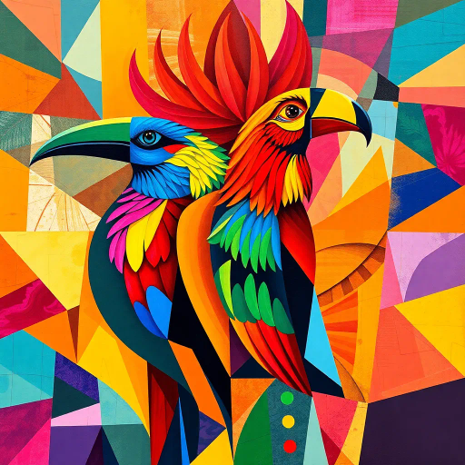 vivid colors, geometric abstraction, Picasso influences, cubism, fractal structures, avian imagery, bright plumage, modernist interpretation, bold and dynamic shapes, vibrant palette, art deco, intricate patterns, tropical themes, abstracted nature, ethereal lighting, playful composition, cultural symbolism, harmonious balance, contemporary art scene, multifaceted perspective, eye-catching design, rich textures
