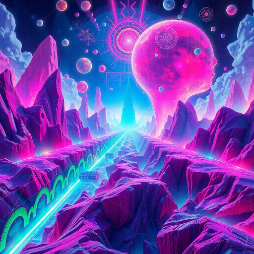 abstract geometry, futuristic concepts, vibrant colors, neon hues, surreal landscapes, fractal patterns, intricate details, dynamic compositions, cosmic themes, ethereal glow, digital media, cyberpunk influences, imaginary worlds, layered textures, postmodern aesthetics, visual complexity, visual effects, immersive environments, expressive forms, imaginative realms