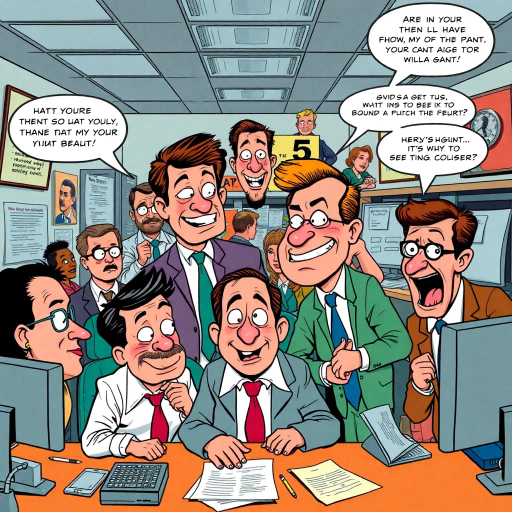 satirical workplace comedy, surreal humor, ensemble cast, bureaucratic chaos, 21st century pop culture, vibrant color palette, exaggerated expressions, dynamic panels, Roy Lichtenstein influences, witty dialogue, mundane office setting, everyday absurdities, overlapping story arcs, exaggerated caricatures, visual puns, contemporary Americana, awkward social interactions, humorous banter, slapstick elements, narrative vignettes, satirical undertones