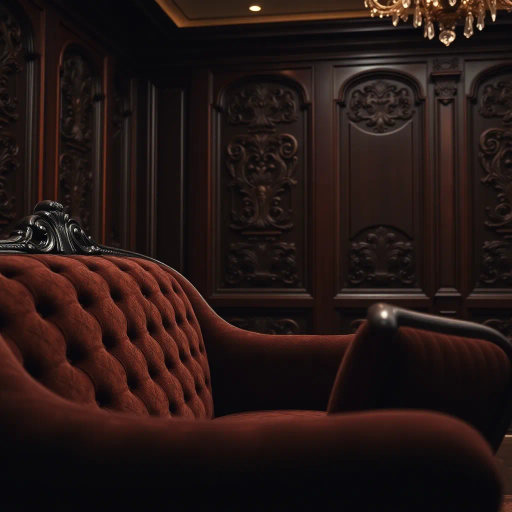 luxurious velvet upholstery, intricate wood carving, mid-century design, Baroque influences, Rembrandt lighting, rich mahogany tones, ornate patterns, intimate closeup, tactile textures, elegant curves, contemporary surrealism, high contrast, chiaroscuro, Renaissance revival, artisanal craftsmanship, warm ambiance, artistic expression
