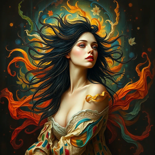renaissance, chiaroscuro, vibrant colors, surreal, ethereal presence, intricate details, flowing lines, emotive expression, Baroque influence, visual storytelling, dynamic composition, soft textures, contemporary twist, female figure, abstract interpretation, harmonious balance, vivid motion, layered imagery, psychological depth, emotional resonance, tonal contrast, modern reflection, blended mediums, atmospheric, timeless beauty