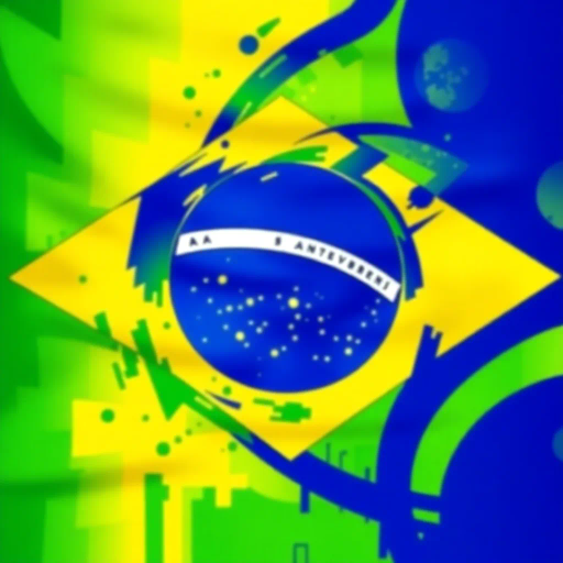 Brazilian flag, vibrant colors, modern digital interpretation, geometric shapes, vivid green, deep yellow, midnight blue, iconic symbolism, cultural pride, Henri Matisse influence, abstract representation, energy and movement, tropical essence, contemporary twist, luminosity, dynamic composition, national identity, artistic expression, unity and diversity, celebration of heritage, bold contrasts, visual impact, conceptual artistry, emotive design